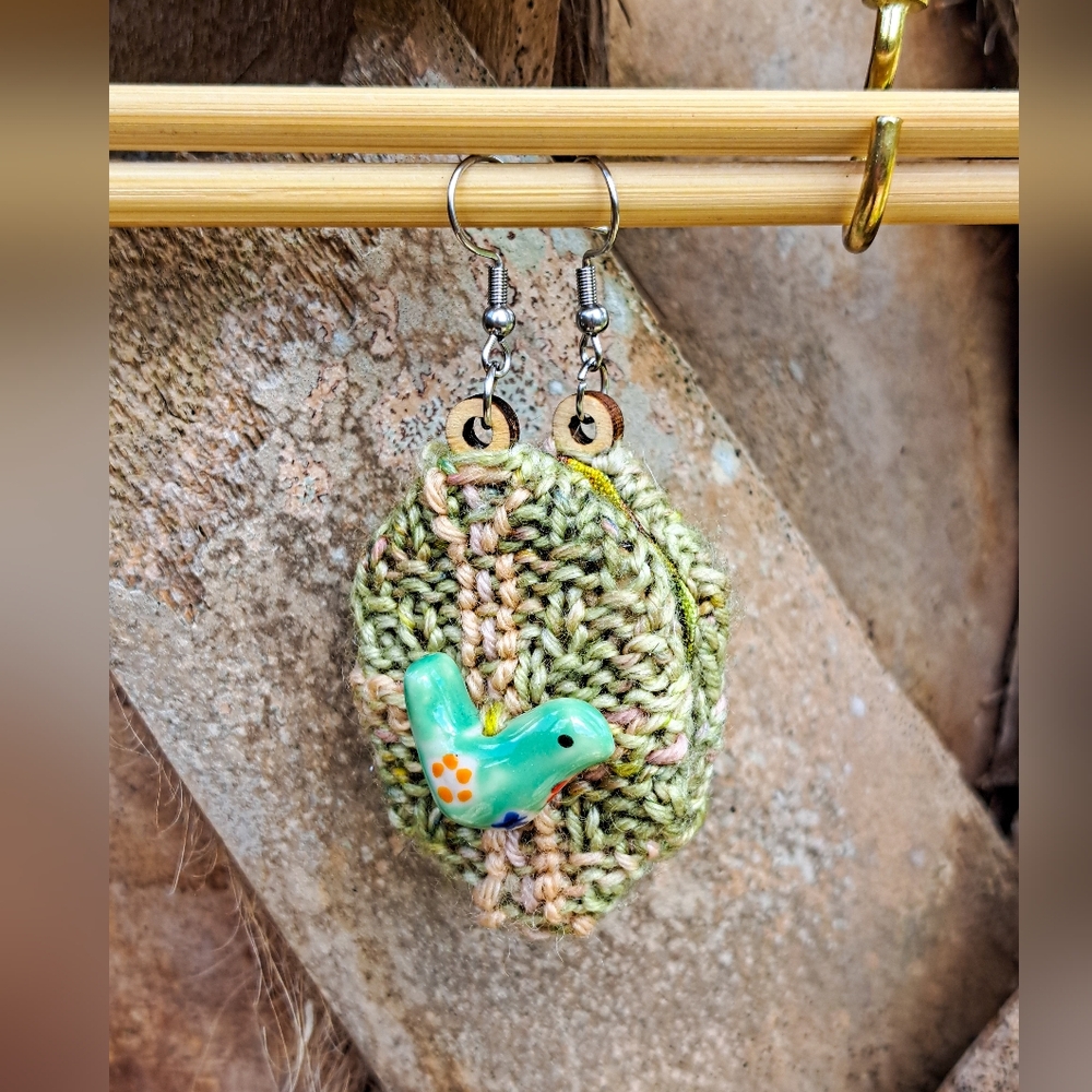 Green Knit Hexagon Earrings with Hand Embroidery Elements and a Bird-Shaped Bead - Picture 6 of 16